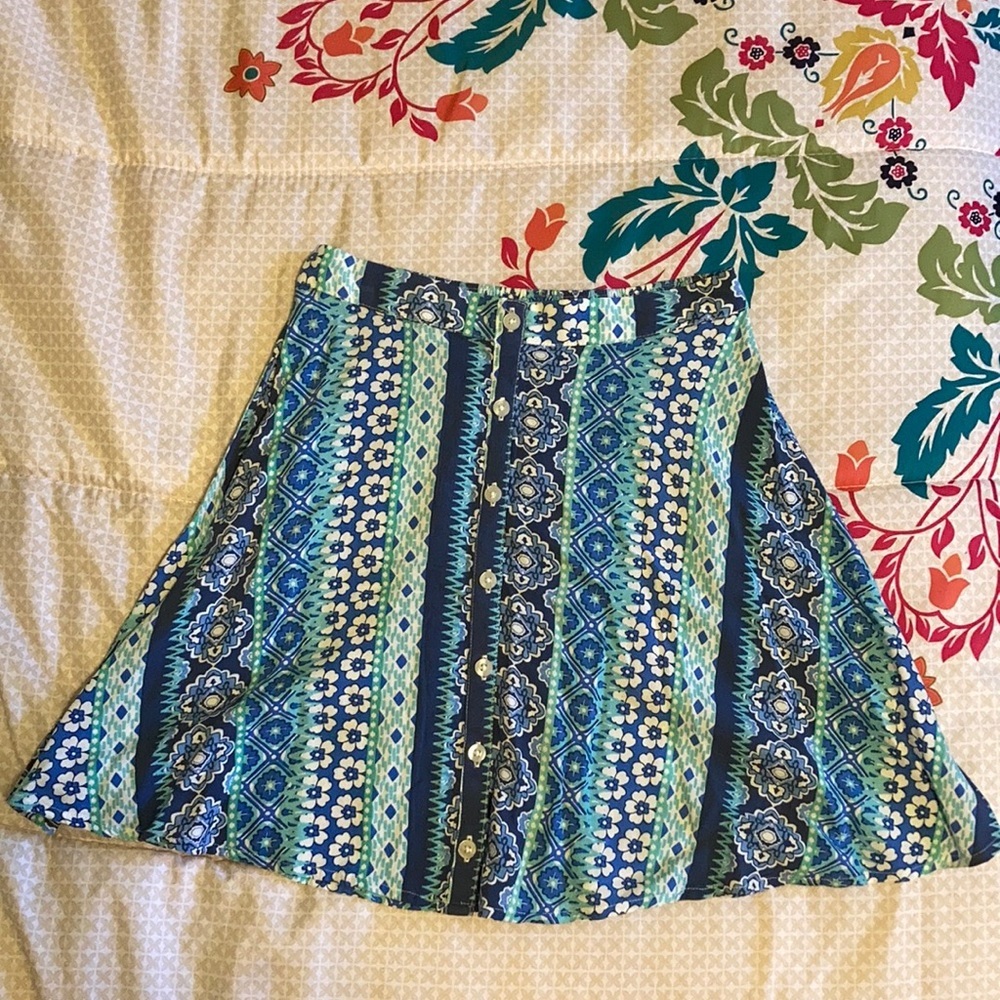 Hollister Flowy Button Down Bohemian Skater Skirt Size XS Blue/Green/White